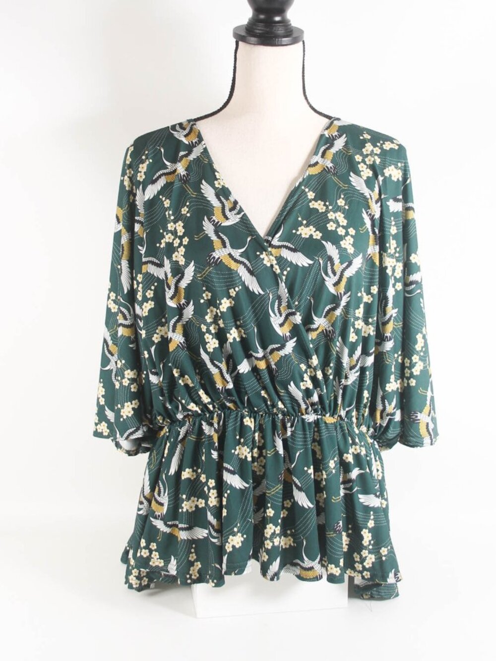Boohoo Green Crane Floral Surplice Peplum Blouse Plus Size 22 Boho Kimono Sleeve